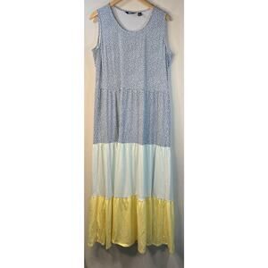 Lands' End Sleeveless Tiered Maxi Dress Teal Dot Color Block Large 14 16 Blue